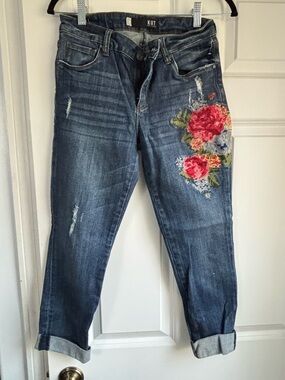 Kut from the Kloth Blue Boyfriend Jeans with Red Floral Embroidery